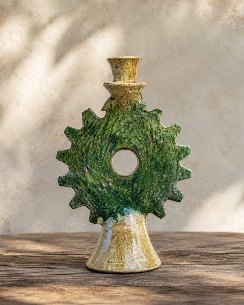 Illuminate your mantle with an Art of handmade Tamegroute ceramic candlestick.