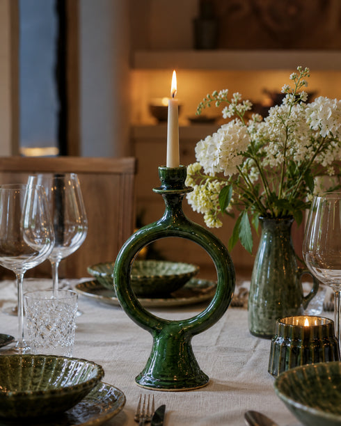Elevate your table setting with an Art of handmade Tamegroute green candle holder.