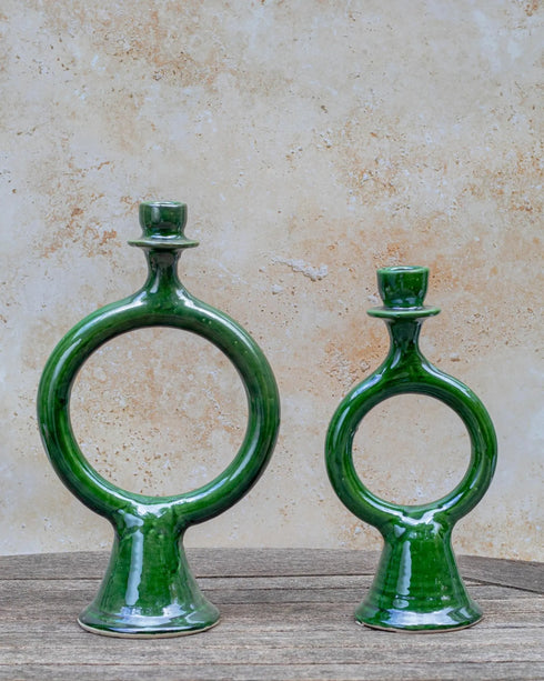 Elevate your table setting with an Art of handmade Tamegroute green candle holder.