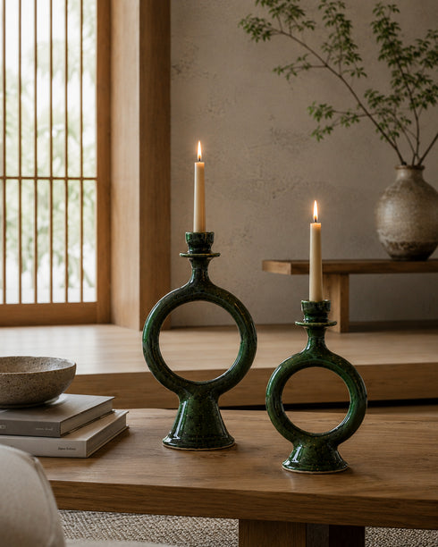 Elevate your table setting with an Art of handmade Tamegroute green candle holder.