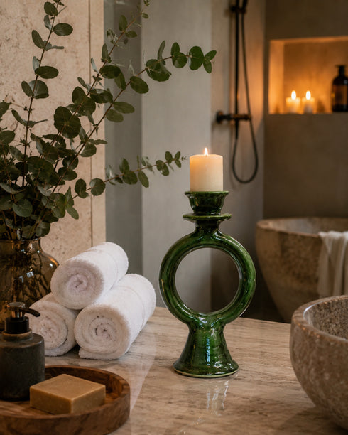 Elevate your table setting with an Art of handmade Tamegroute green candle holder.