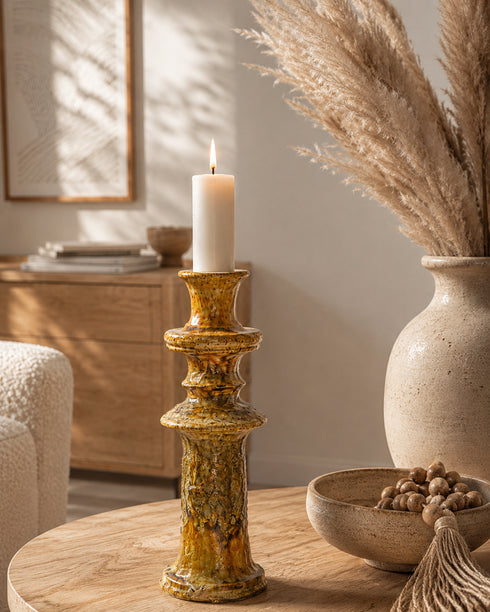 Illuminate your living spaces with our Art of handmade Tamegroute pottery candlestick set.