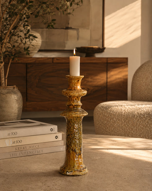 Illuminate your living spaces with our Art of handmade Tamegroute pottery candlestick set.