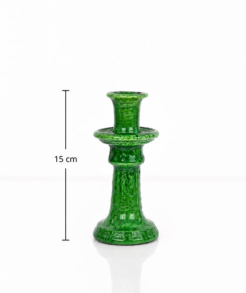 Illuminate your living spaces with our Art of handmade Tamegroute pottery candlestick set.