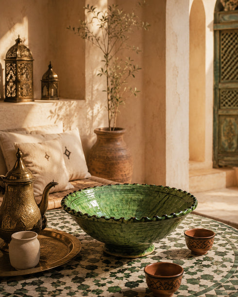 Elevate your dining table centerpiece with our handmade Moroccan Tamegroute stemmed fruit bowl, a timeless piece of artisan pottery crafted in Morocco.