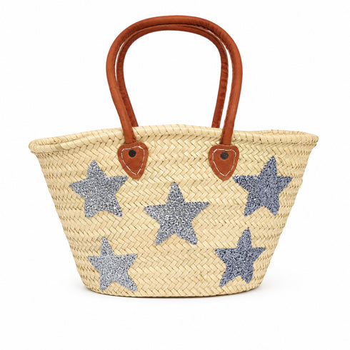 Handwoven Moroccan Straw Basket with Golden Sequin Stars