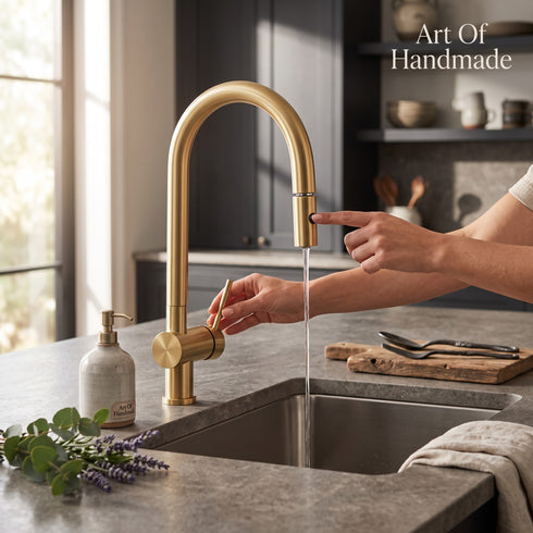 Traditional Pull-Down Kitchen Faucet in Unlacquered Brass – High-Arc Gooseneck Design
