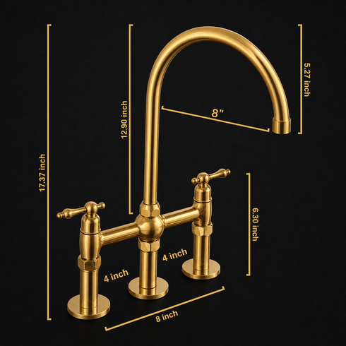 Trio Unlacquered Brass Bridge Kitchen Faucet with Gooseneck Spout