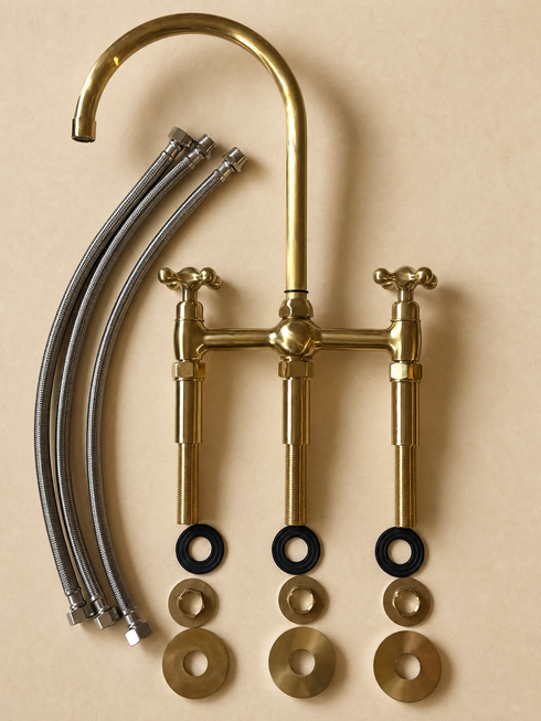 Trio Unlacquered Brass Bridge Kitchen Faucet with Gooseneck Spout