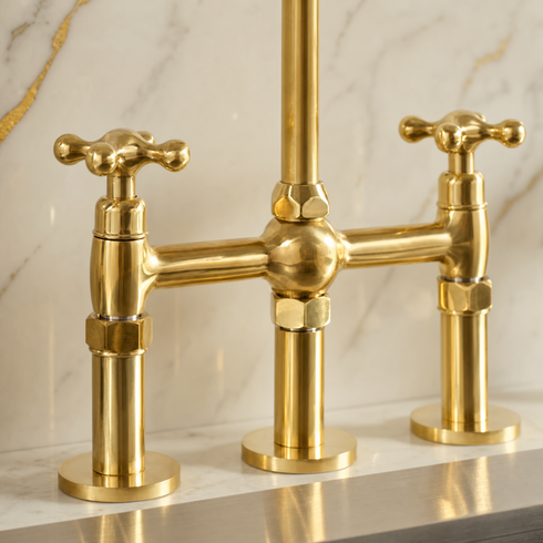 Trio Unlacquered Brass Bridge Kitchen Faucet with Gooseneck Spout