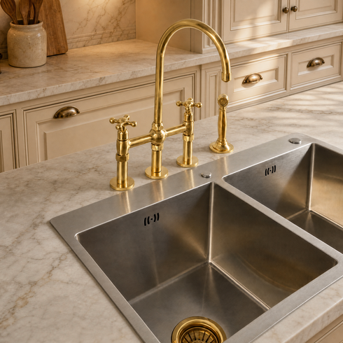 Trio Unlacquered Brass Bridge Kitchen Faucet with Gooseneck Spout
