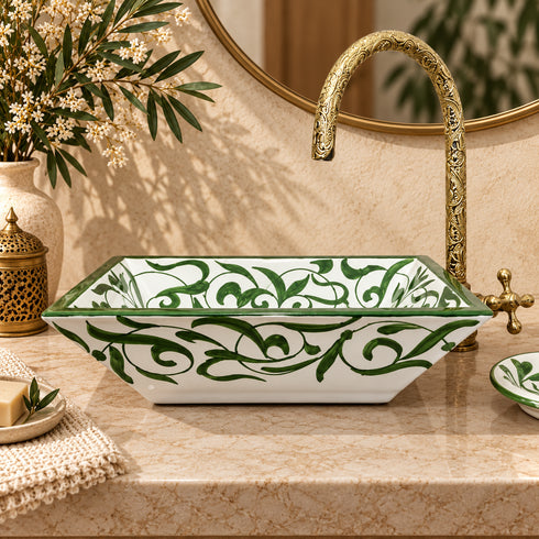 Verdant Riad Rectangular Ceramic Sink – Hand-Painted Green Vine Basin