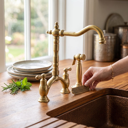 Victorian-Inspired Bridge Kitchen Faucet, Solid Unlacquered Brass Traditional Faucet