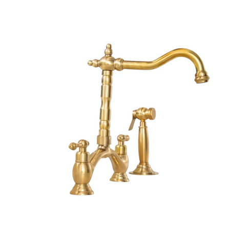 Victorian-Inspired Bridge Kitchen Faucet, Solid Unlacquered Brass Traditional Faucet