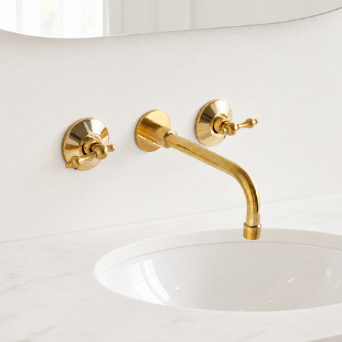 Wall-Mount Bathroom Sink Faucet with 8-Inch Spout – Unlacquered Brass