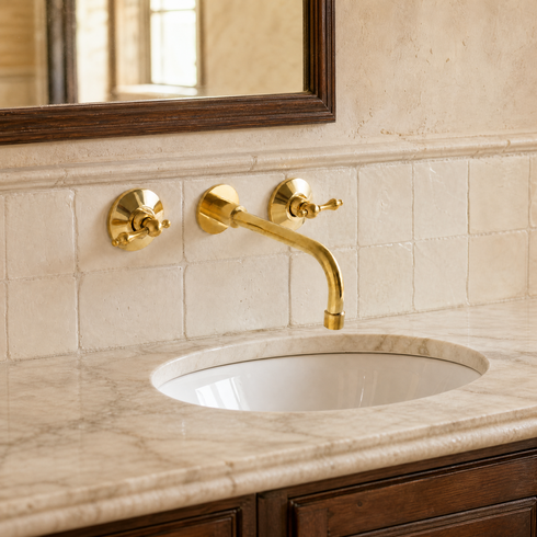 Wall-Mount Bathroom Sink Faucet with 8-Inch Spout – Unlacquered Brass