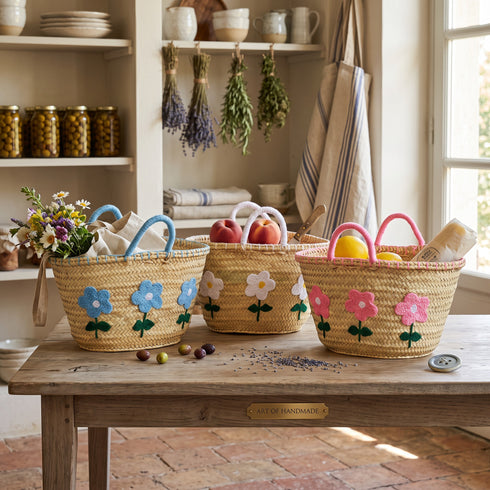 Handwoven Moroccan Palm Leaf Basket with Pink Floral Embroidery