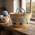 Handwoven Moroccan Palm Leaf Basket with Pink Floral Embroidery