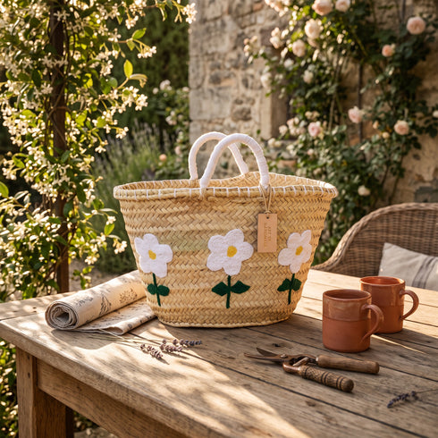 Handwoven Moroccan Palm Leaf Basket with Pink Floral Embroidery