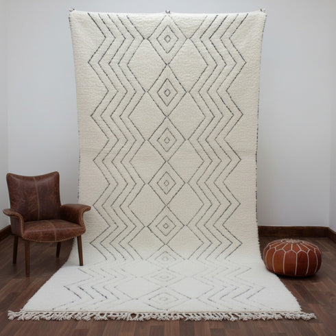 White Moroccan Wool Rug, Geometric Berber Rug, Handmade Ivory Area Carpet, Minimalist Beni Ourain Rug