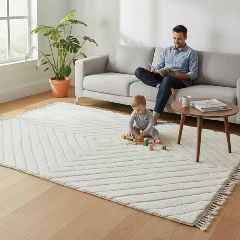 White Moroccan Wool Rug, Handmade Berber Rug, Textured Beni Ourain Carpet
