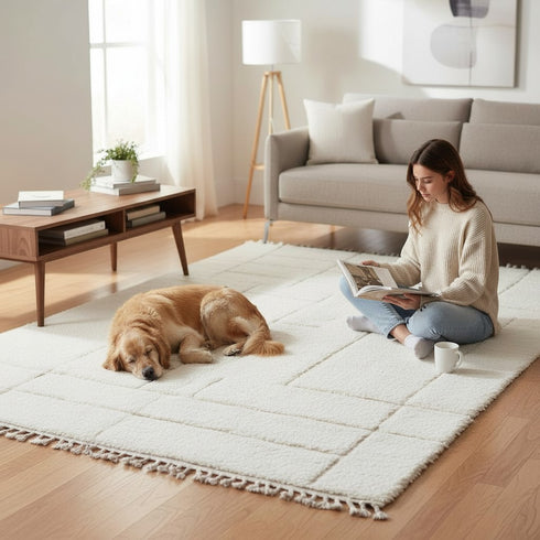 White Moroccan Wool Rug, Minimalist Berber Rug, Ivory Geometric Handmade Area Carpet, Beni Ourain Rug
