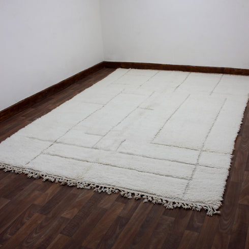 White Moroccan Wool Rug, Minimalist Berber Rug, Ivory Geometric Handmade Area Carpet, Beni Ourain Rug