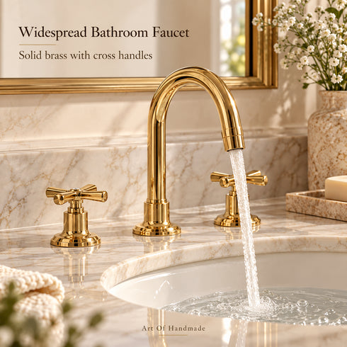 Widespread Bathroom Faucet with Cross Handles – Unlacquered Brass