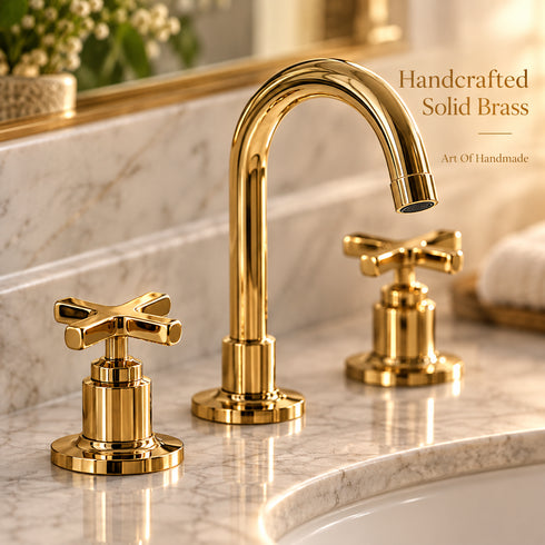 Widespread Bathroom Faucet with Cross Handles – Unlacquered Brass