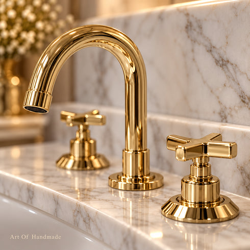 Widespread Bathroom Faucet with Cross Handles – Unlacquered Brass