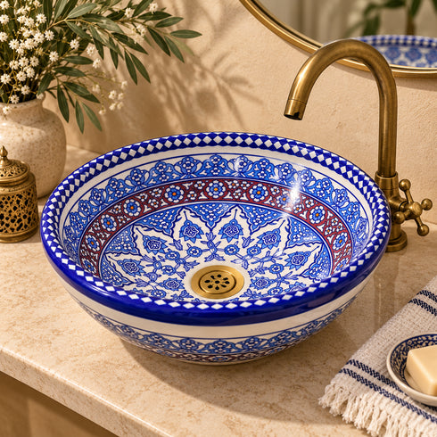 Zellige Garden Ceramic Basin – Blue & Ruby Moroccan Sink
