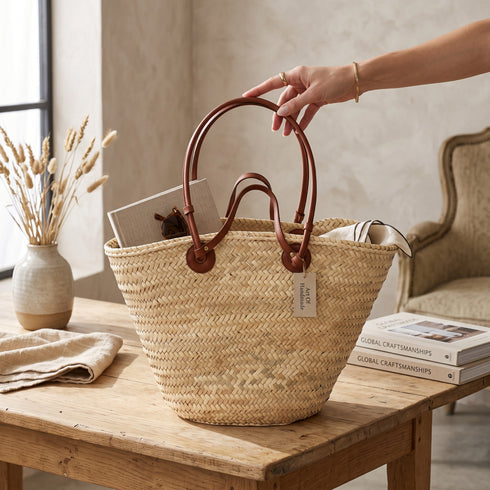 Handmade Moroccan Palm Straw Market Basket with Genuine Cognac Leather Handles