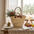 Handmade Moroccan Palm Straw Market Basket with Genuine Cognac Leather Handles