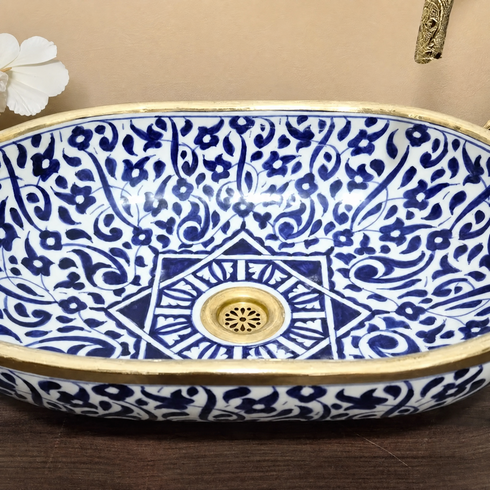 Moroccan Blue & White Hand-Painted Oval Ceramic Vessel Sink with Brass Rim