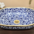 Moroccan Blue & White Hand-Painted Oval Ceramic Vessel Sink with Brass Rim