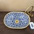 Moroccan Blue & White Hand-Painted Oval Ceramic Vessel Sink with Brass Rim