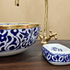 Moroccan Blue & White Hand-Painted Oval Ceramic Vessel Sink with Brass Rim