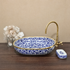 Moroccan Blue & White Hand-Painted Oval Ceramic Vessel Sink with Brass Rim