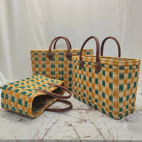 Handwoven Moroccan Straw Tote Bag – Teal, Yellow & Natural Beige