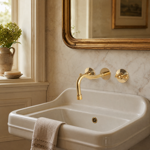 Wall-Mount Bathroom Sink Faucet with 8-Inch Spout – Unlacquered Brass