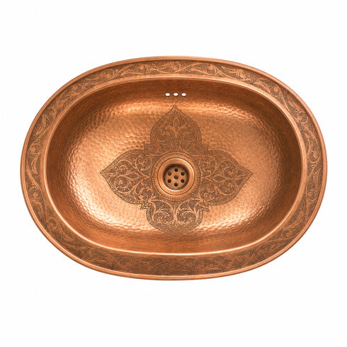 Elevate your bathroom countertop with an Art of handmade brass oval engraved sink.