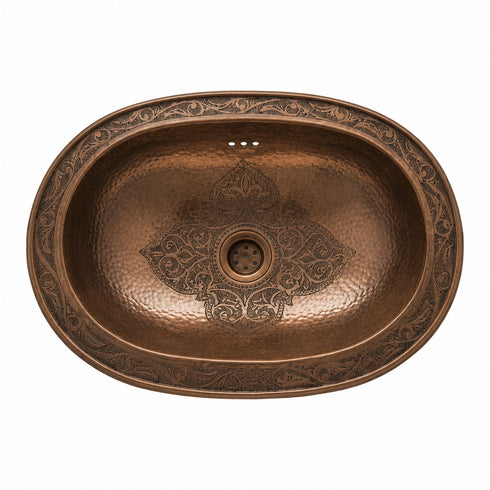 Elevate your bathroom countertop with an Art of handmade brass oval engraved sink.