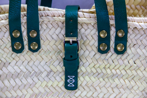 Handwoven large Moroccan straw basket with leather handles