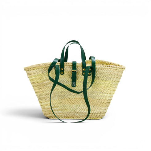 Handwoven large Moroccan straw basket with leather handles
