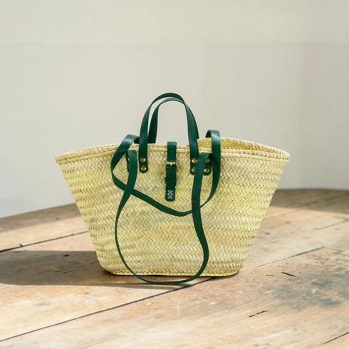 Handwoven large Moroccan straw basket with leather handles