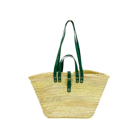 Handwoven large Moroccan straw basket with leather handles