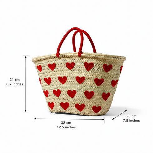 Handwoven Moroccan Straw Basket with Embroidered Hearts – Eco Friendly Straw Tote