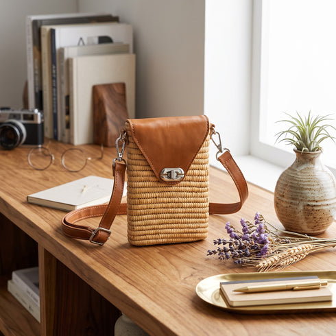 Handmade Natural Raffia Crossbody Bag with Genuine Leather Flap