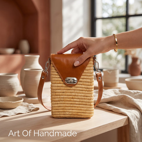 Handmade Natural Raffia Crossbody Bag with Genuine Leather Flap