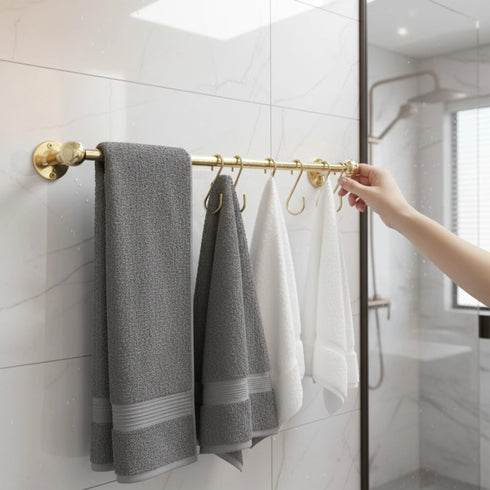 Handmade solid brass kitchen rail with S hooks